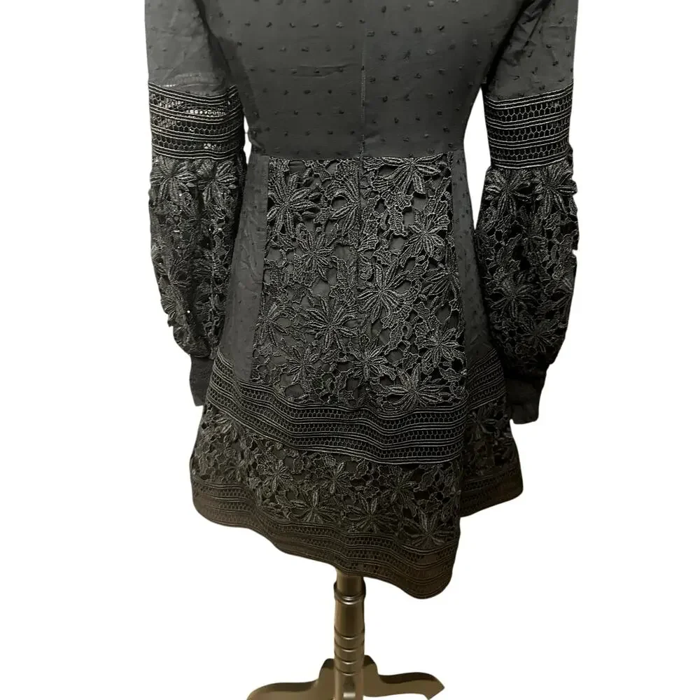 Bardot Mariah Babydoll Dress Long Sleeves Swiss Dot Lace Detailing Black XS NWOT - Picture 7 of 9